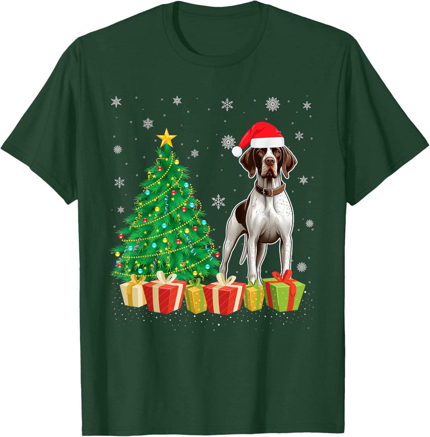 Xmas Tree Lighting Santa Hat English Pointer Dog Christmas Women Kids T-Shirt - T-Shirt | Forest