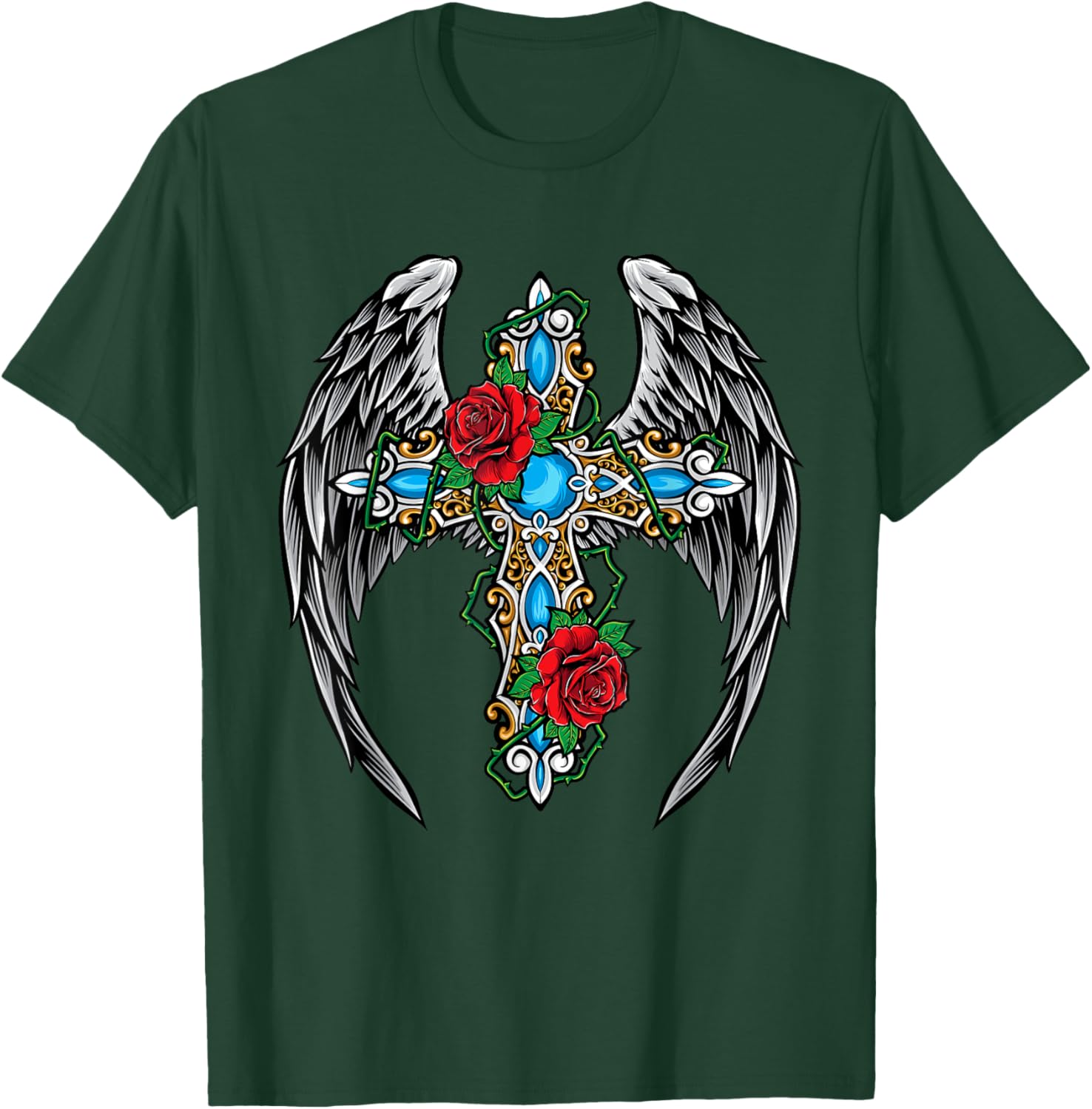 Christian Cross Vintage Rose Flower Cross Wings Religion T-Shirt - T-Shirt | Forest