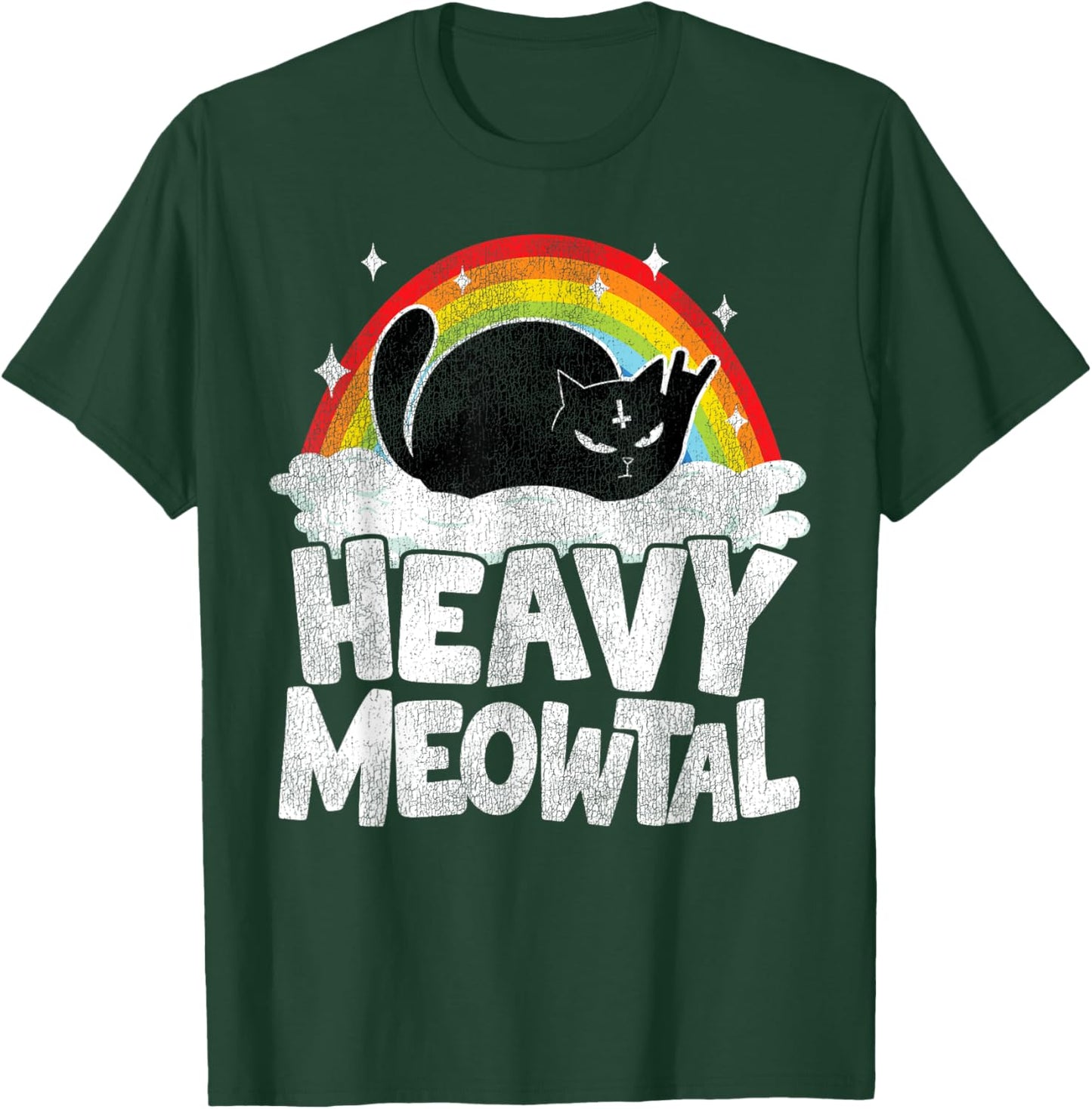 Heavy Meowtal Cat Retro Rainbow Satanic Funny Heavy Metal T-Shirt - T-Shirt | Forest