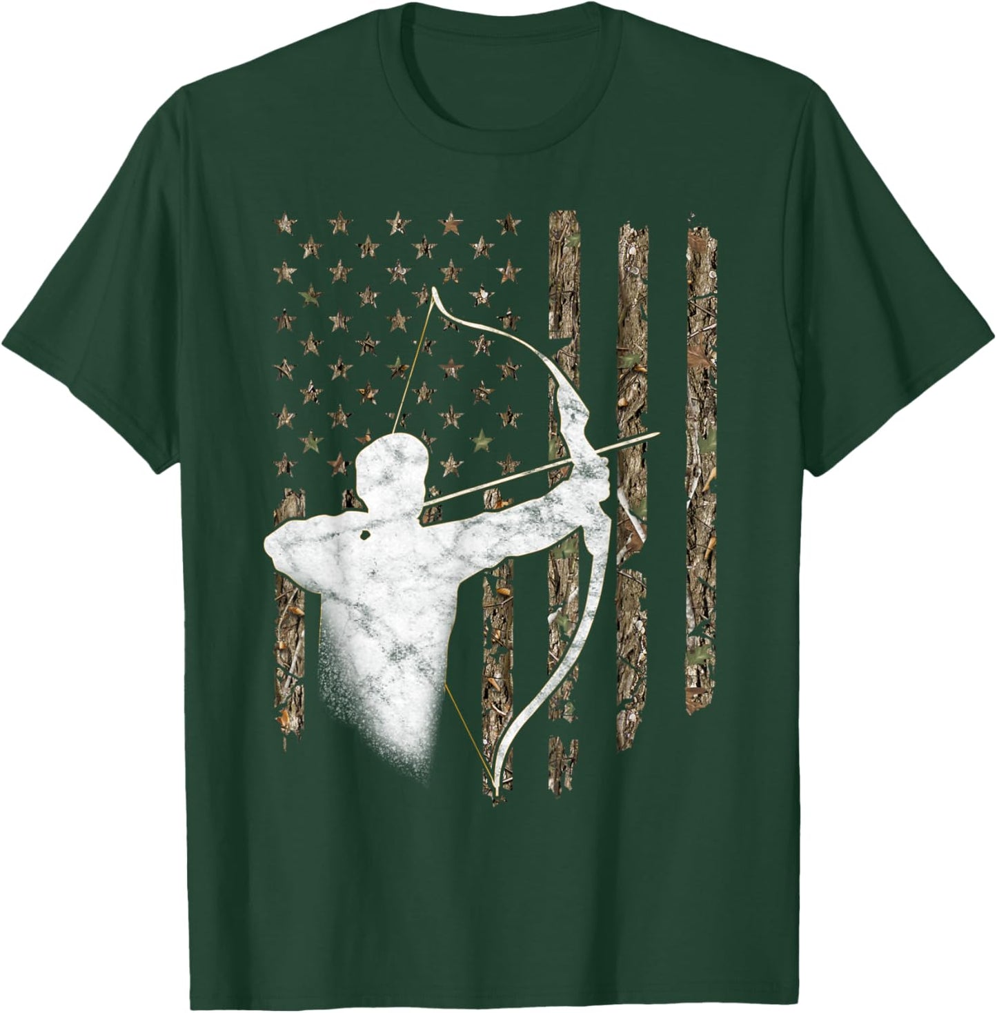 Archery Recurve Long Bow American Flag Camouflage Hunting T-Shirt - T-Shirt | Forest
