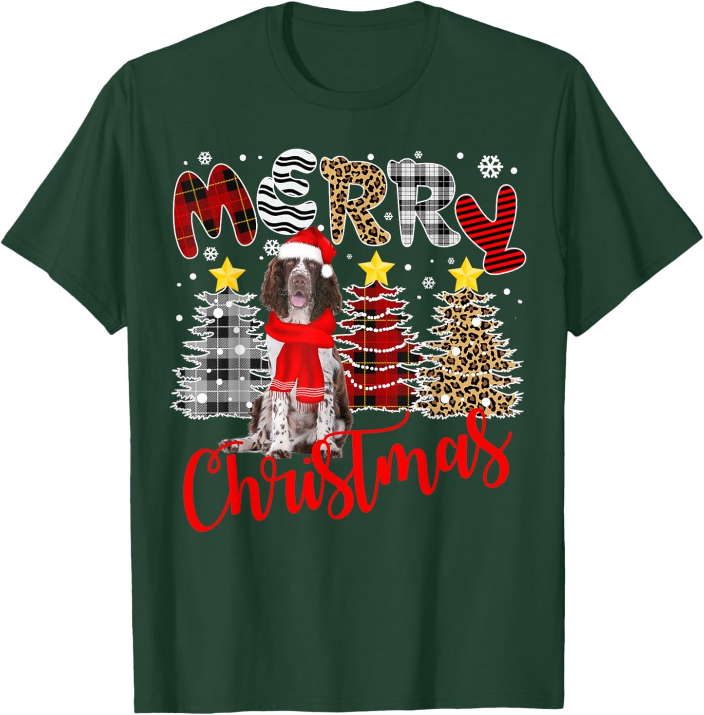 English Springer Spaniel Christmas Tree Leopard Plaid Print T-Shirt - T-Shirt | Forest