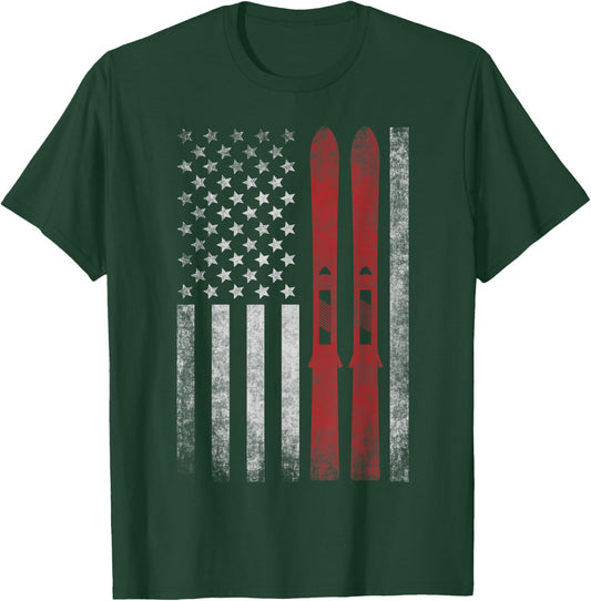 American Flag & Skis. Skiing Winter Sports for US Skiers. T-Shirt - T-Shirt | Forest