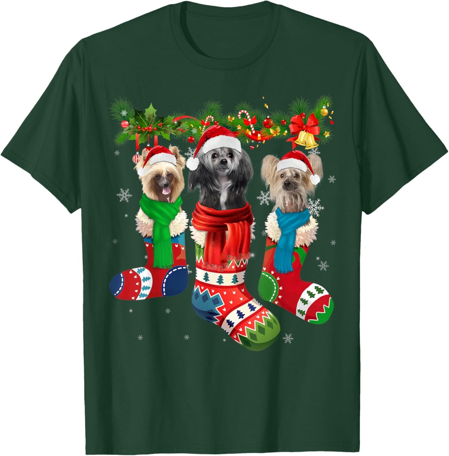 Three Chinese Crested Dogs In Christmas Socks T-Shirt - T-Shirt | Forest