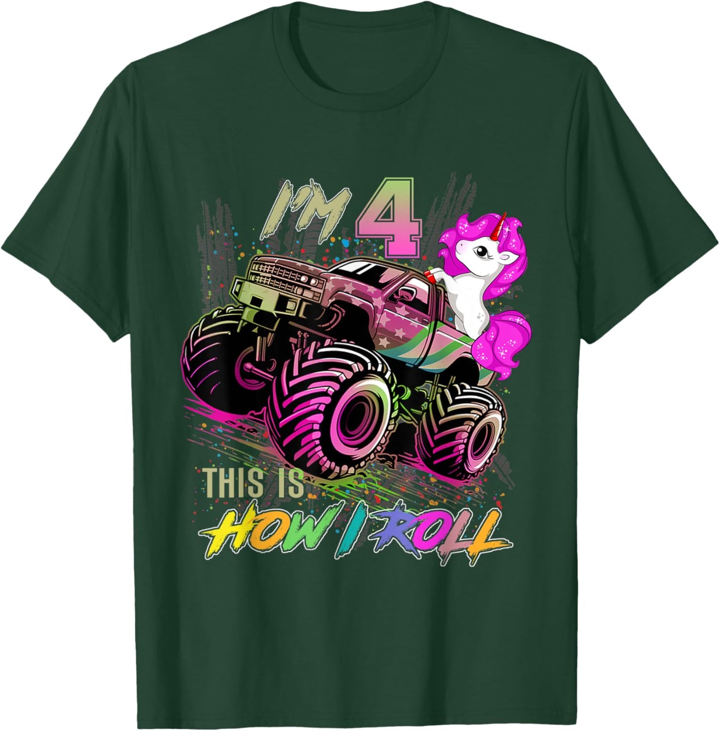 4 Year Old Girl Loves Monster Truck & Unicorn, 4th Birthday T-Shirt - T-Shirt | Forest