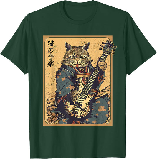 Japanese Samurai Cat Playing The Electric Guitar, Men, Women T-Shirt - T-Shirt | Forest