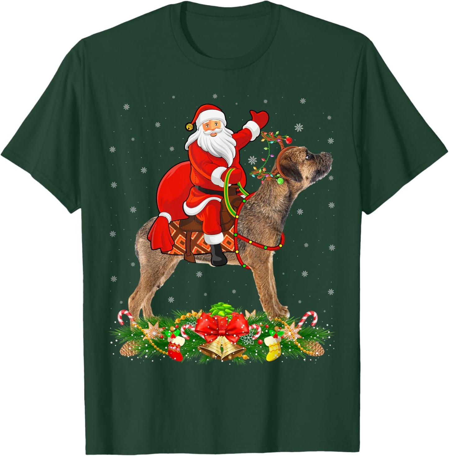 Xmas Matching Funny Santa Riding Border Terrier Christmas T-Shirt - T-Shirt | Forest
