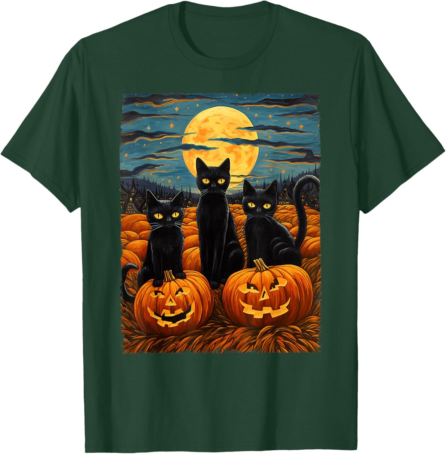 Black Cat Halloween Cat Lovers Starry Night Cat Van Gogh Cat T-Shirt - T-Shirt | Forest