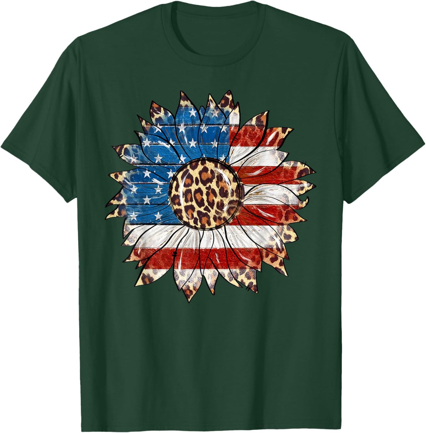 American Flag Sunflower Leopard 4th of July Patriotic T-Shirt - T-Shirt | Forest