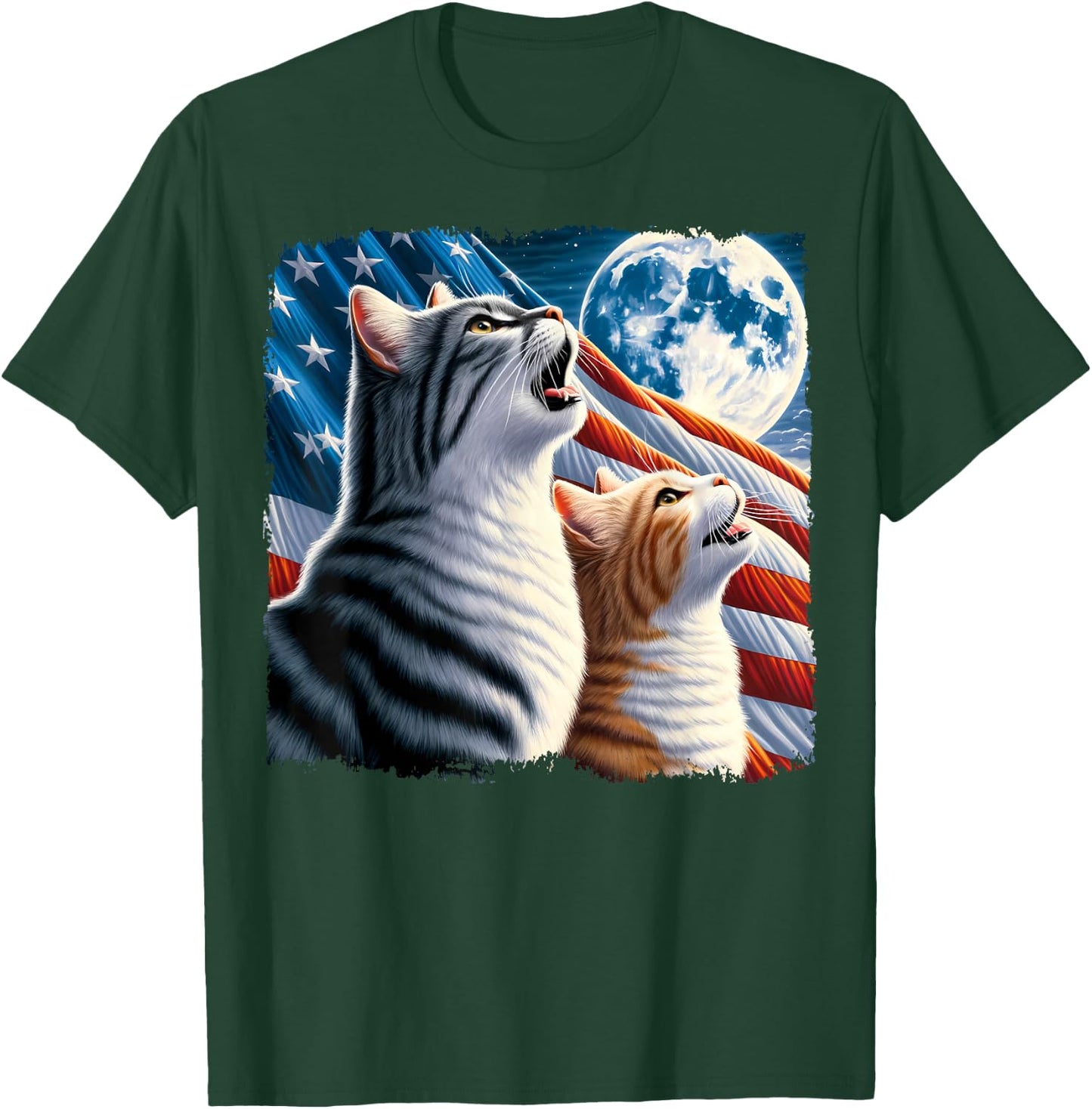 Cat 4th of July American Flag Howling Cats Under Blood Moon T-Shirt - T-Shirt | Forest