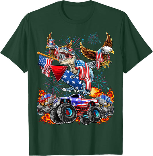 4th of July Dinosaur Monster Truck Bald Eagle American Flag T-Shirt - T-Shirt | Forest