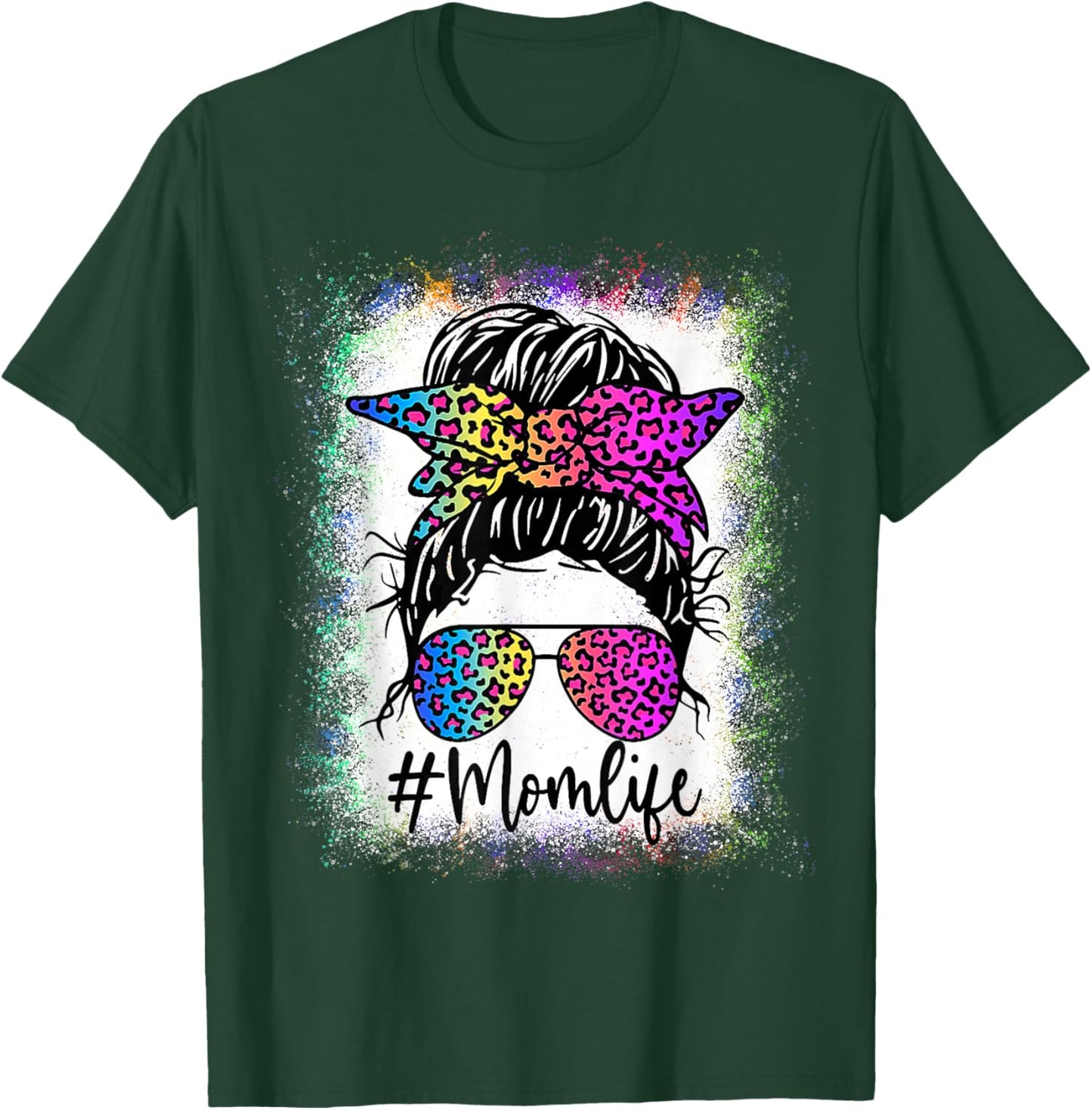 Mom Life Bleached Shirt Rainbow Leopard Messy Bun T-Shirt - T-Shirt | Forest