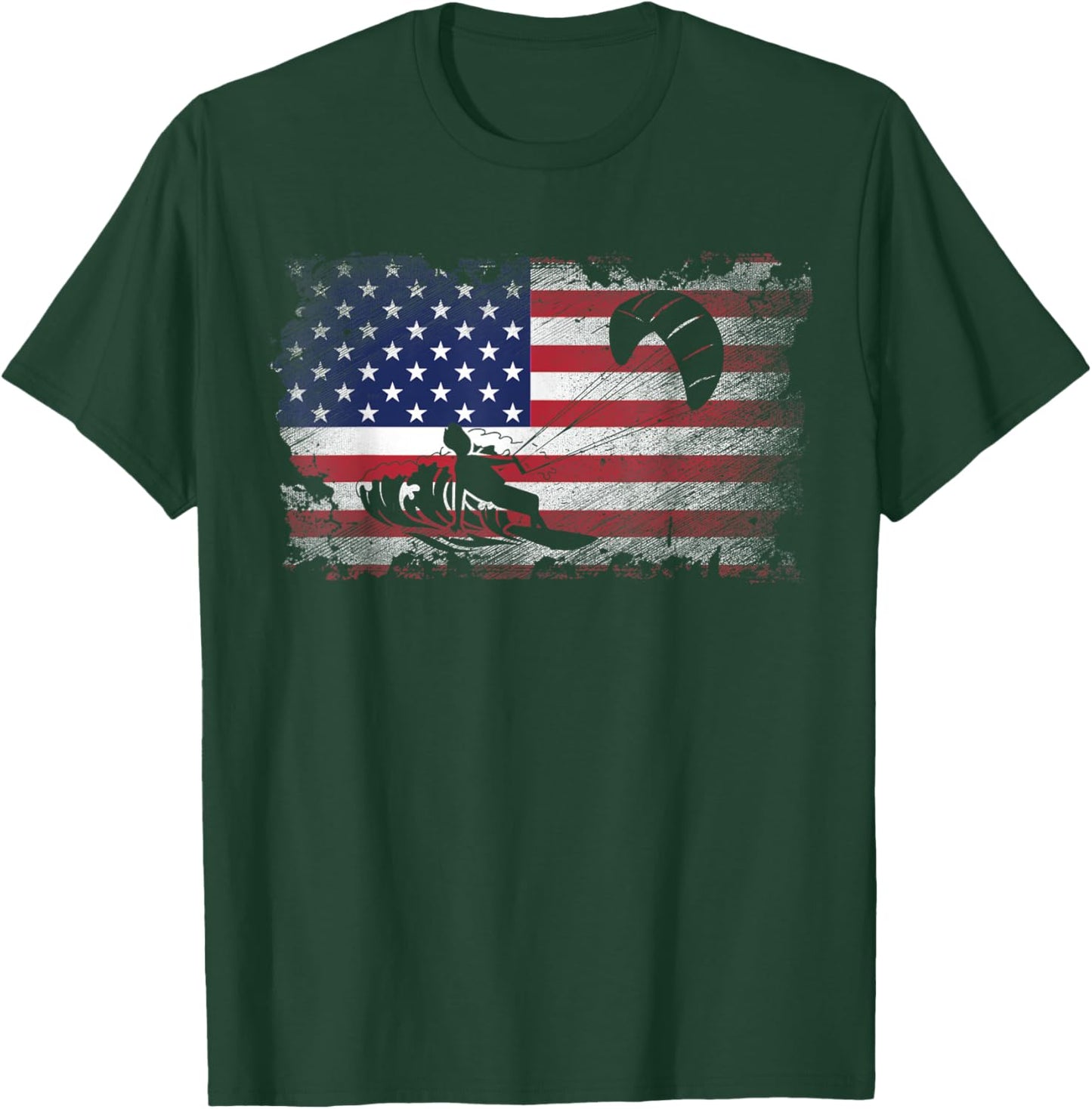 Distressed American Flag Kiteboarding USA Patriotic Gift Women Kids Men T-Shirt - T-Shirt | Forest