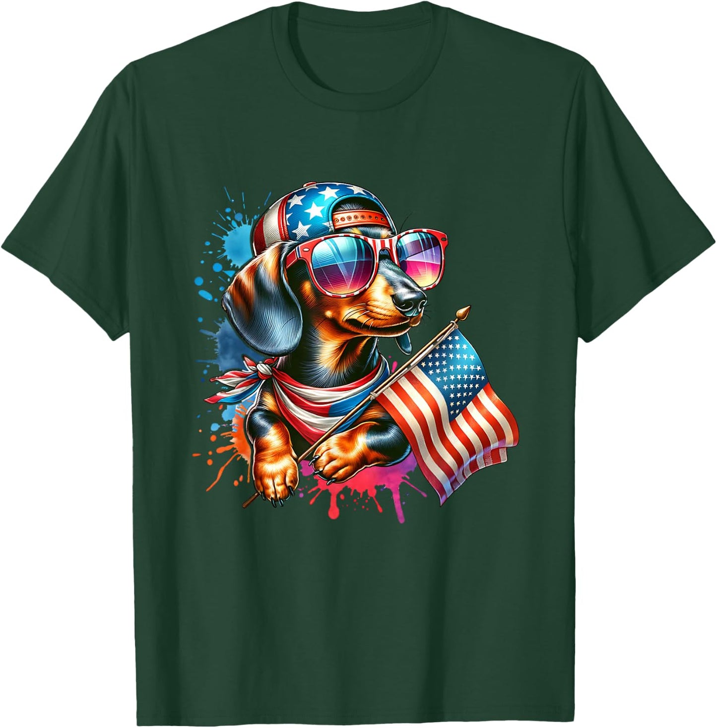 4th Of July Dachshund Dog Holding American Flag Dog Lover T-Shirt - T-Shirt | Forest