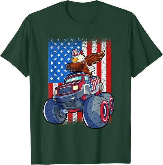 Dabbing Eagle Monster Truck 4th Of July Boys American Flag T-Shirt - T-Shirt | Forest