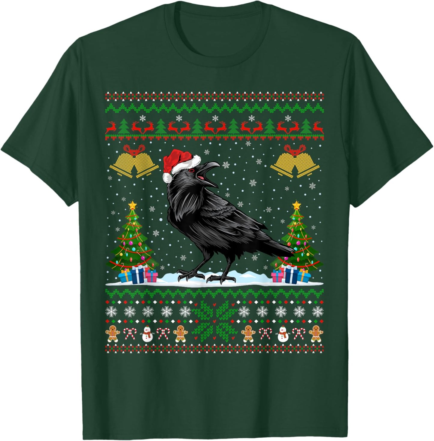 Santa Hat Raven Bird Xmas Lighting Ugly Raven Christmas T-Shirt - T-Shirt | Forest