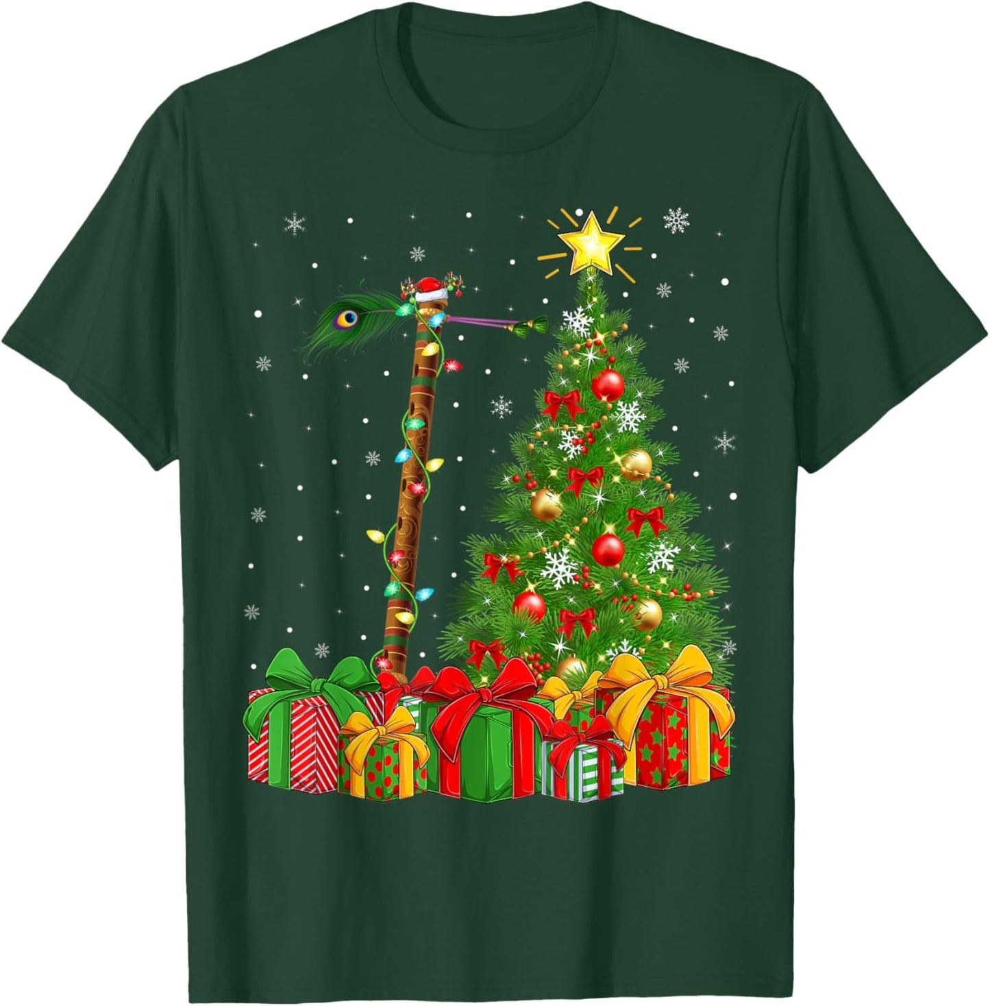 Flute Music Lighting Xmas Tree Santa Hat Flute Christmas T-Shirt - T-Shirt | Forest