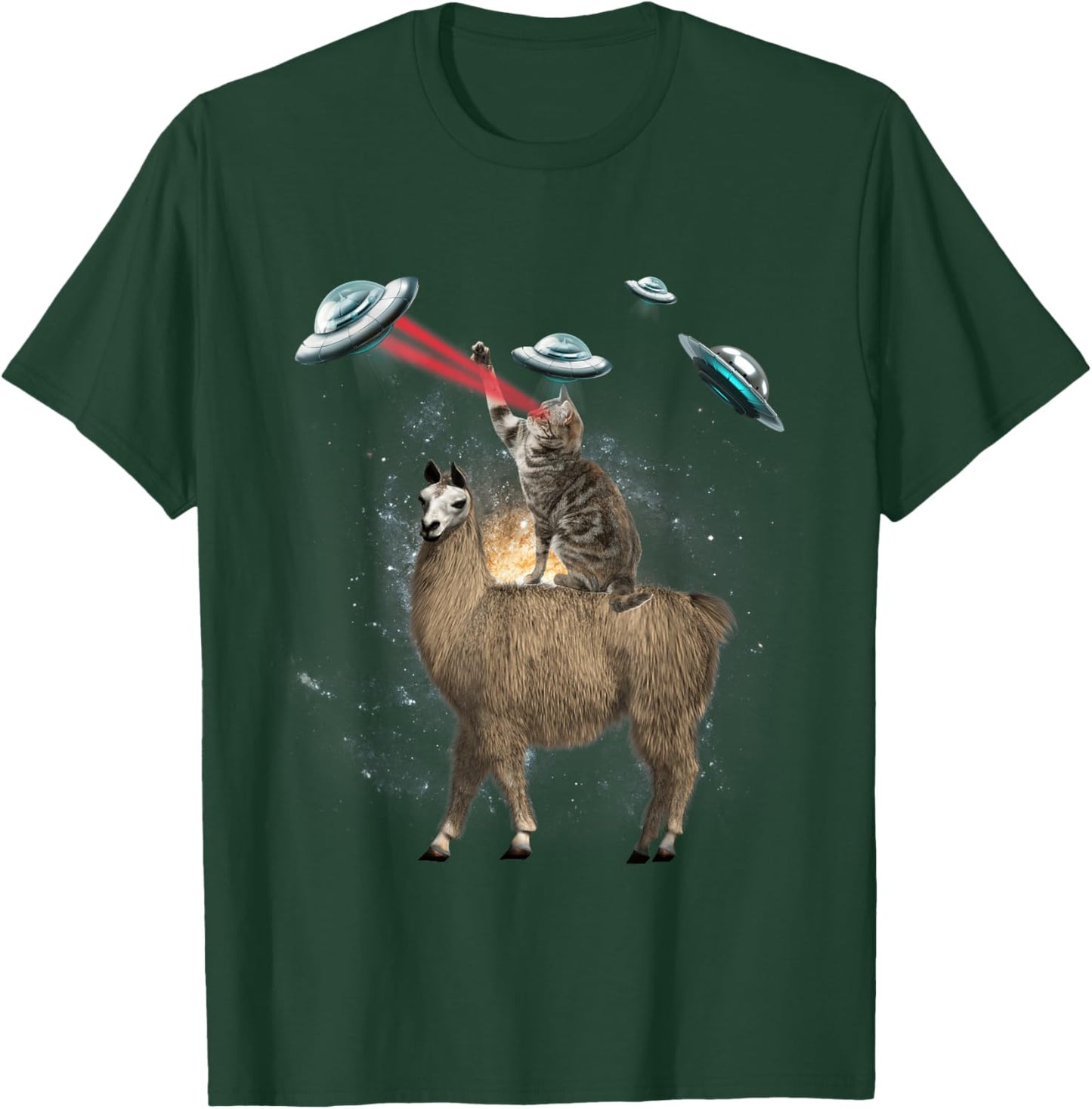 Space Cat Riding Llama Laser Eyes UFO Funny Cat Lover Men Women Kids T-Shirt - T-Shirt | Forest