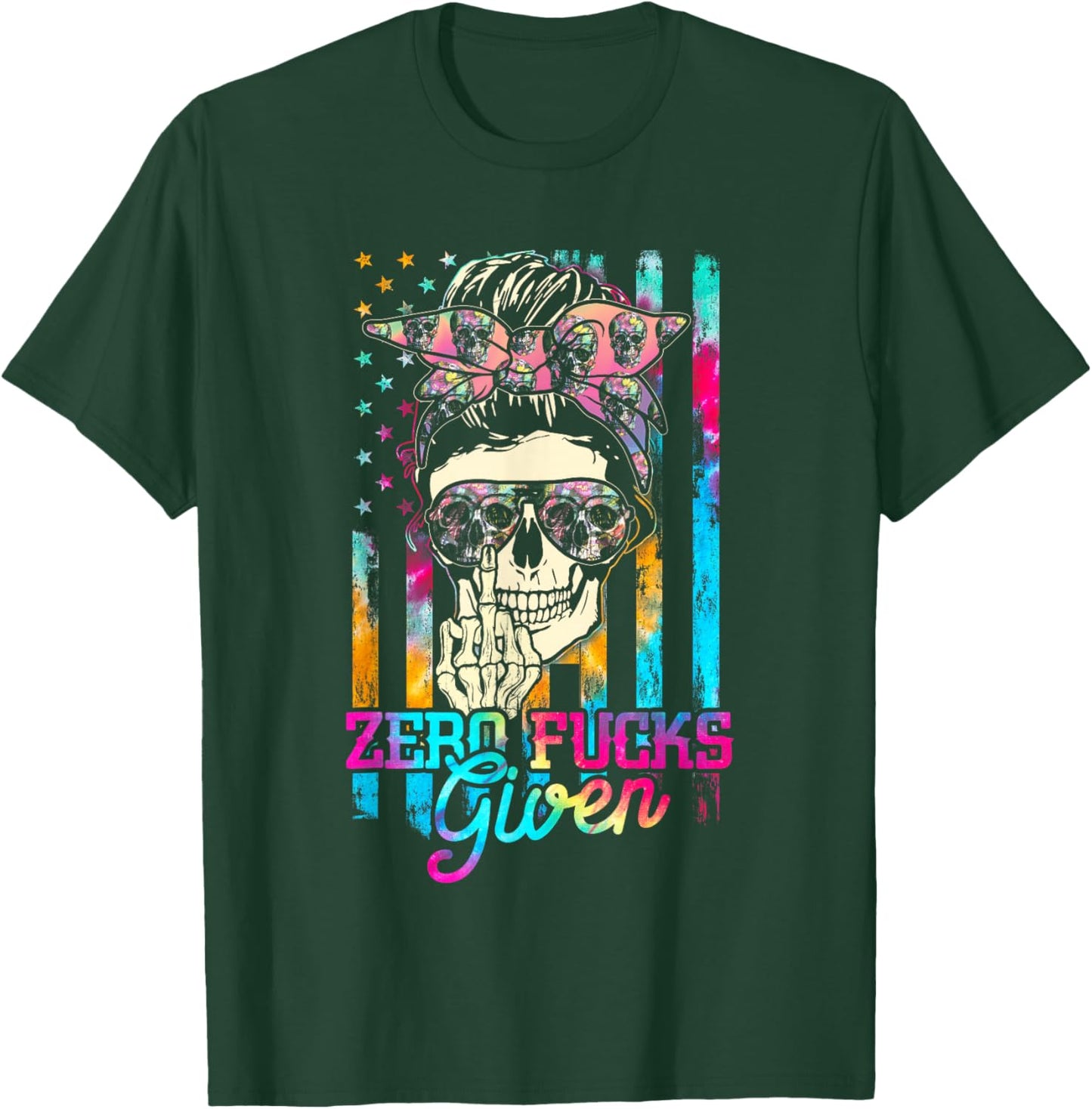 Skull Flag Skeleton Rainbow Messy Hair 0 Fucks Given T-Shirt - T-Shirt | Forest
