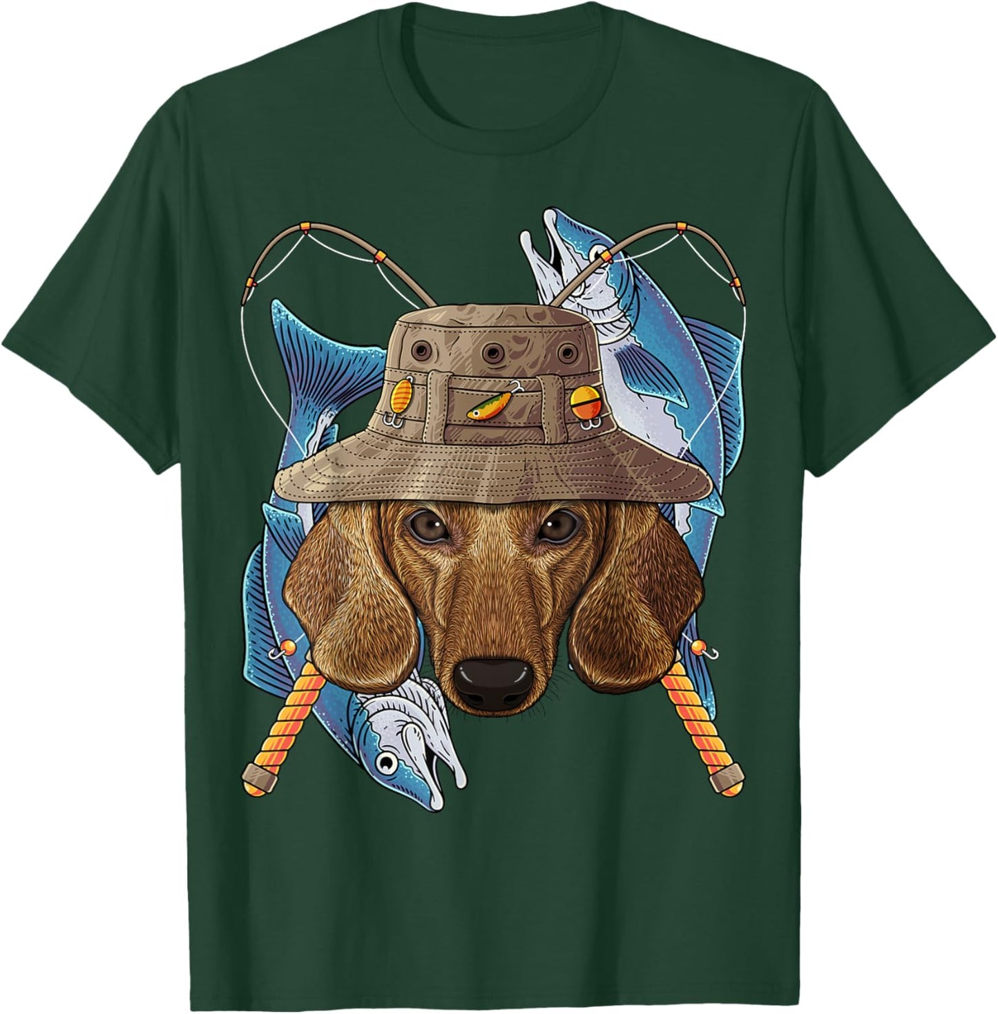 Fishing Dachshund Outdoor Fisherman Dog Cute Fly Fishing T-Shirt - T-Shirt | Forest
