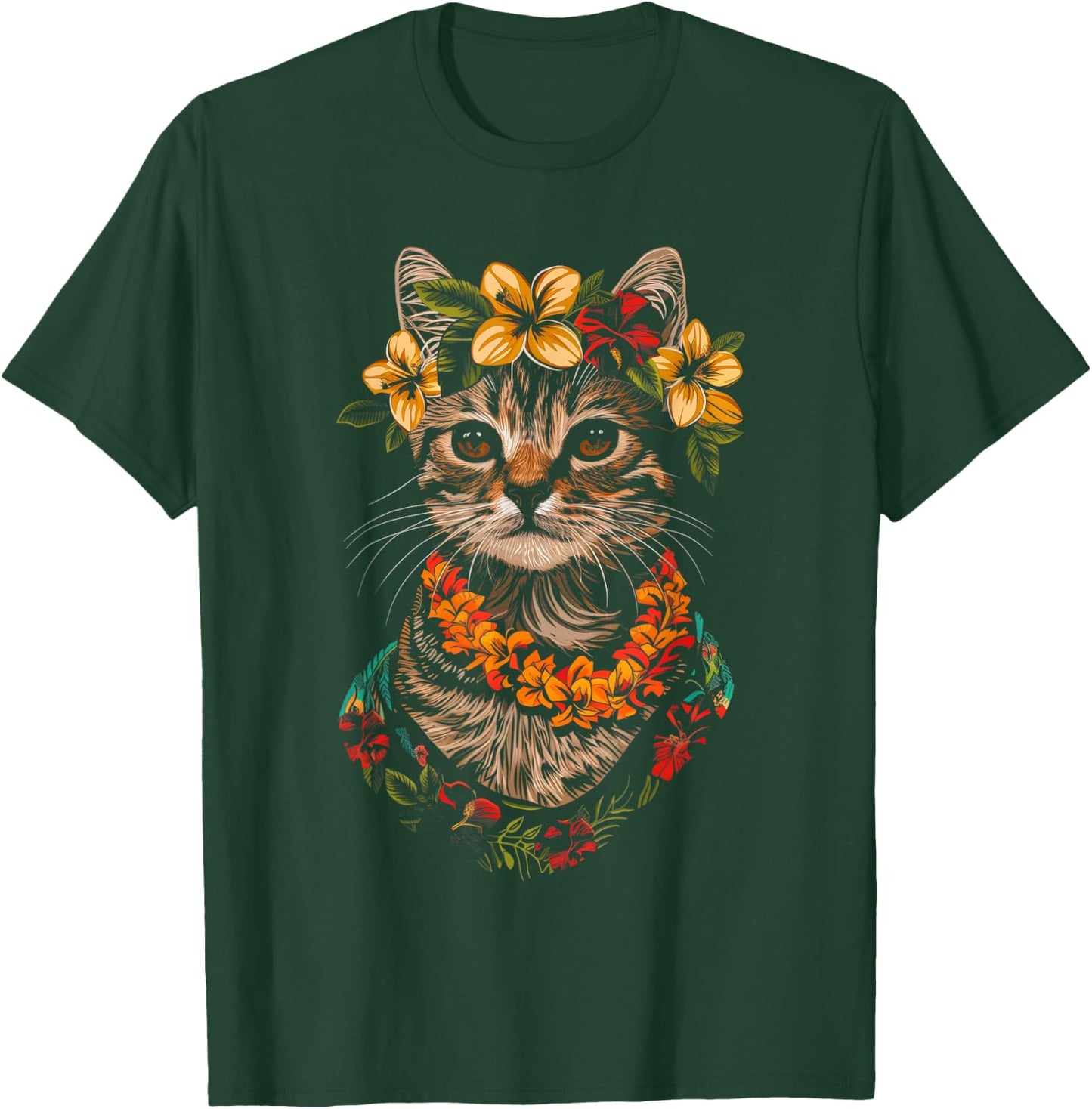 Cat Hawaiian Flowers Hula Hibiscus Funny Cute Hawaii T-Shirt - T-Shirt | Forest
