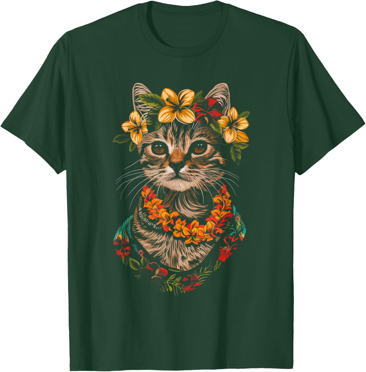 Cat Hawaiian Flowers Hula Hibiscus Funny Cute Hawaii T-Shirt - T-Shirt | Forest
