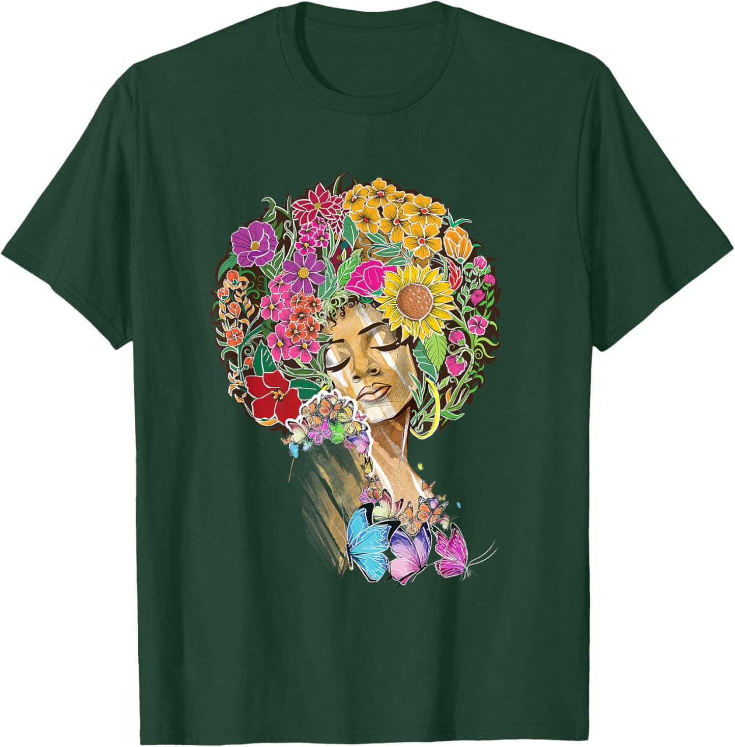 Afro Women Flowers Butterfly Latina African American Melanin T-Shirt - T-Shirt | Forest