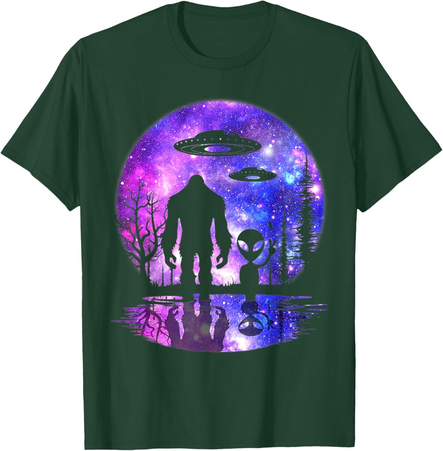 Alien And Bigfoot Full Moon Sasquatch UFO T-Shirt - T-Shirt | Forest
