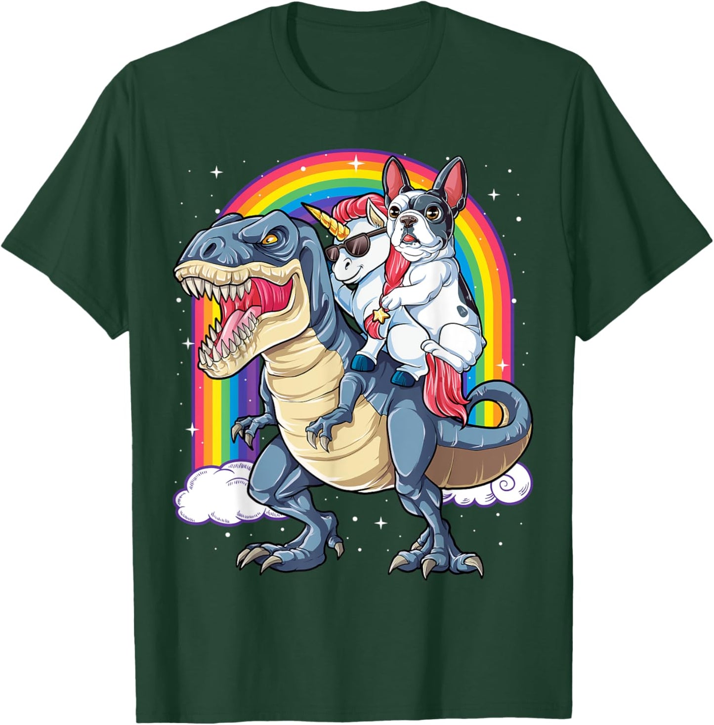 French Bulldog Unicorn Riding Dinosaur T rex Gifts Girls T-Shirt - T-Shirt | Forest