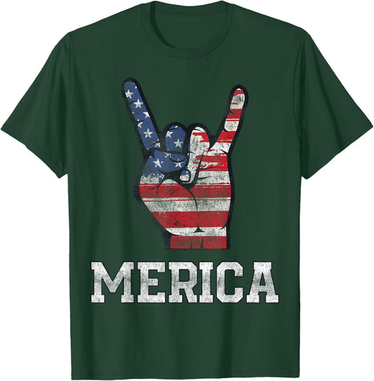 Merica Rock Sign 4th of July Vintage American Flag Retro USA T-Shirt - T-Shirt | Forest
