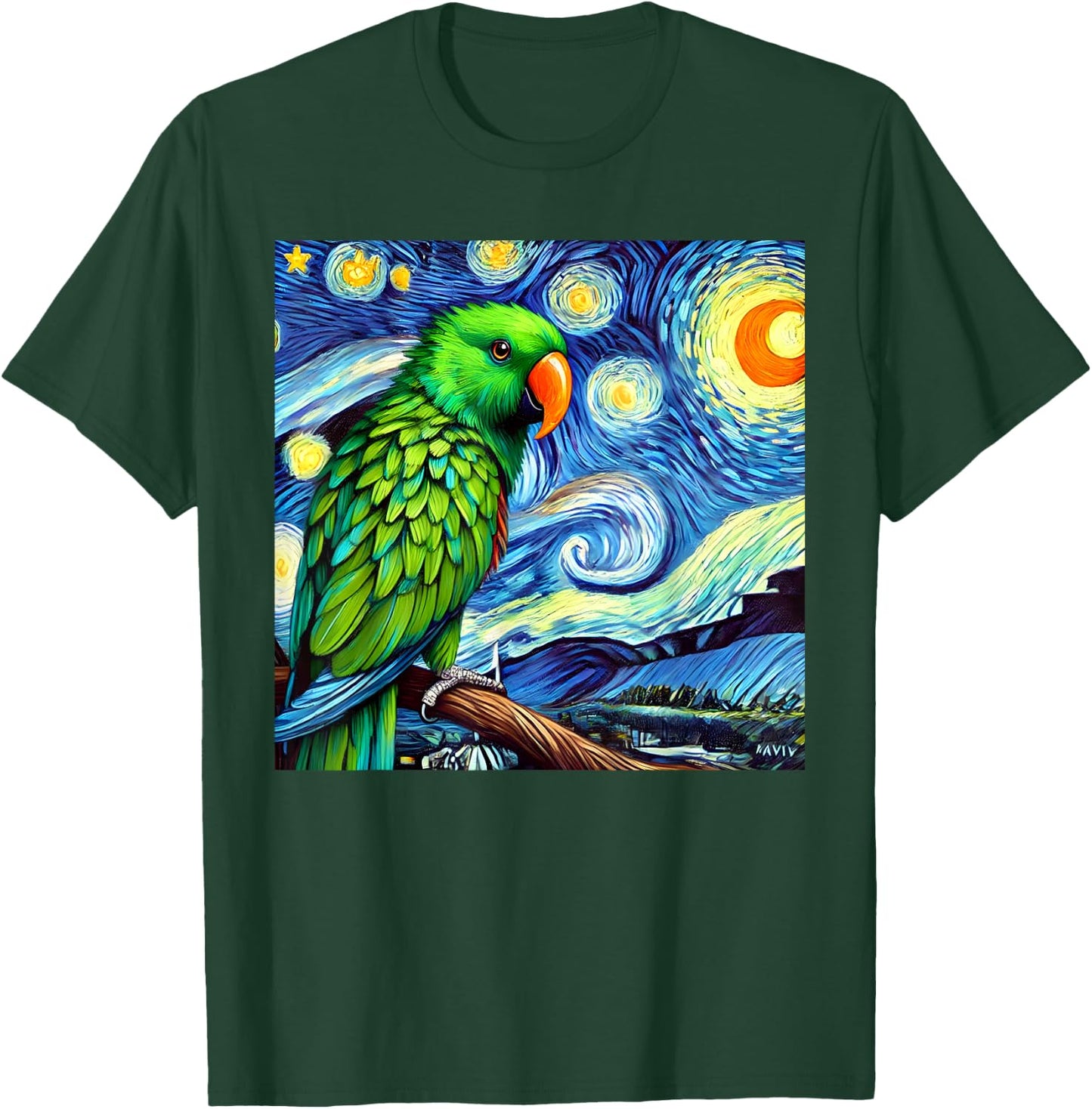 Green Eclectus Parrot Bird Starry Night Sky Art Van Gogh T-Shirt - T-Shirt | Forest