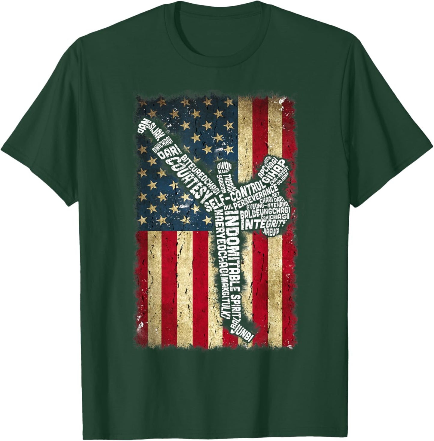 USA Flag Taekwondo Fighter 5 Tenets Of TKD Typography T-Shirt - T-Shirt | Forest
