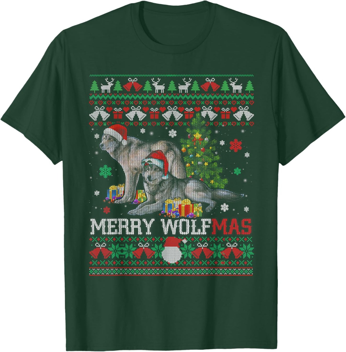 Merry Wolfmas Merry Christmas Wolf Ugly Sweater T-Shirt - T-Shirt | Forest