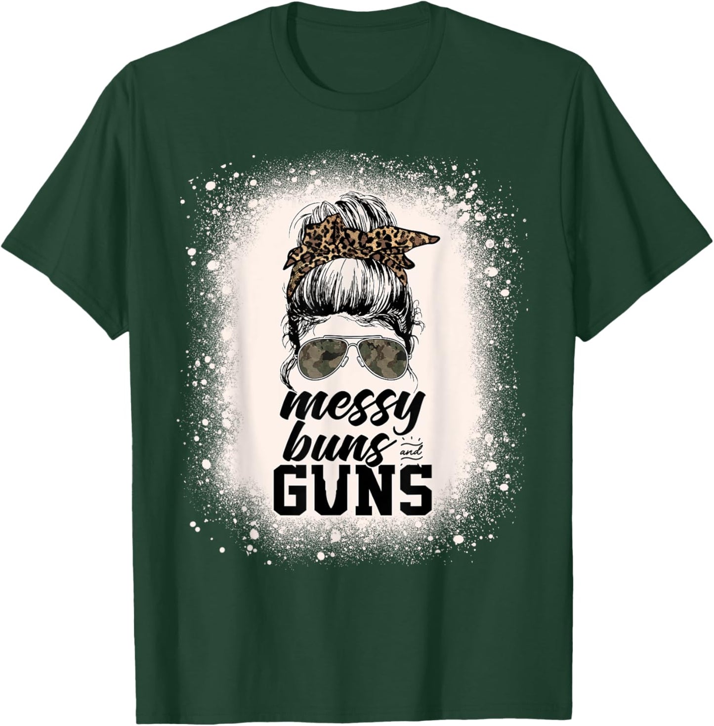 Messy Buns And Guns Leopard Camo Women Messy Bun Bleached T-Shirt - T-Shirt | Forest