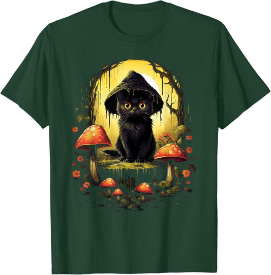Aesthetic Goblincore and dark Cottagecore Cat under Mushroom T-Shirt - T-Shirt | Forest