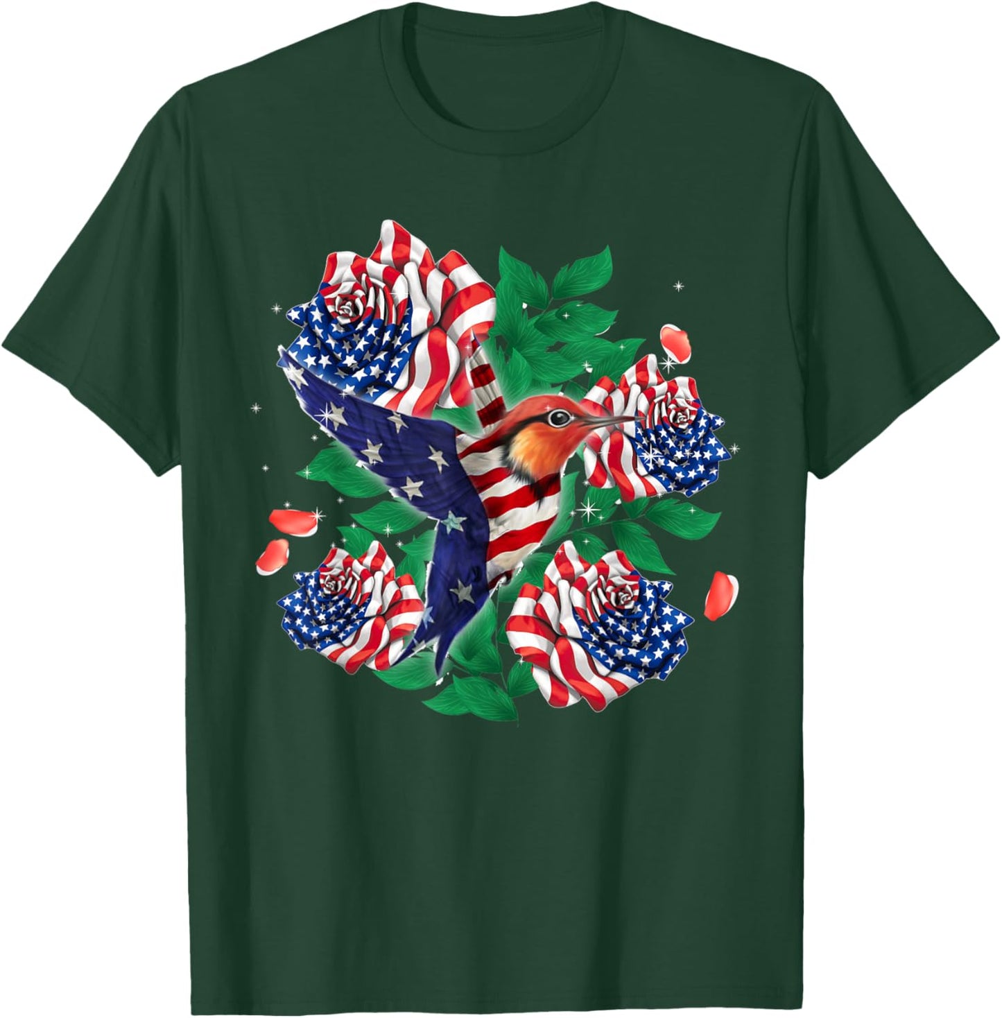 Hummingbird and Rose American Flag Patriotic 4th Of July Men T-Shirt - T-Shirt | Forest
