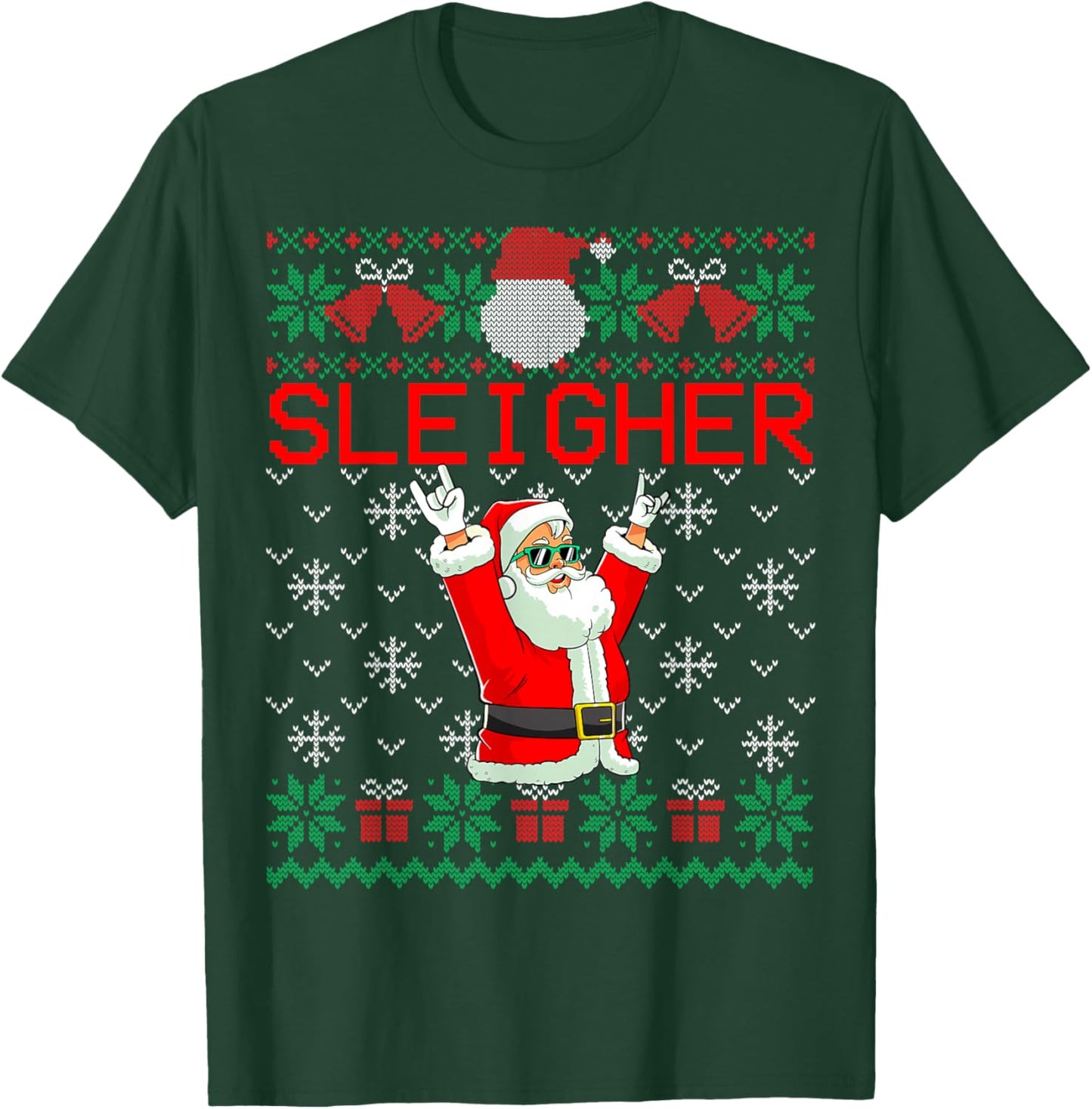 Sleigher Heavy Metal Music Hail Santa Ugly Christmas Sweater T-Shirt - T-Shirt | Forest