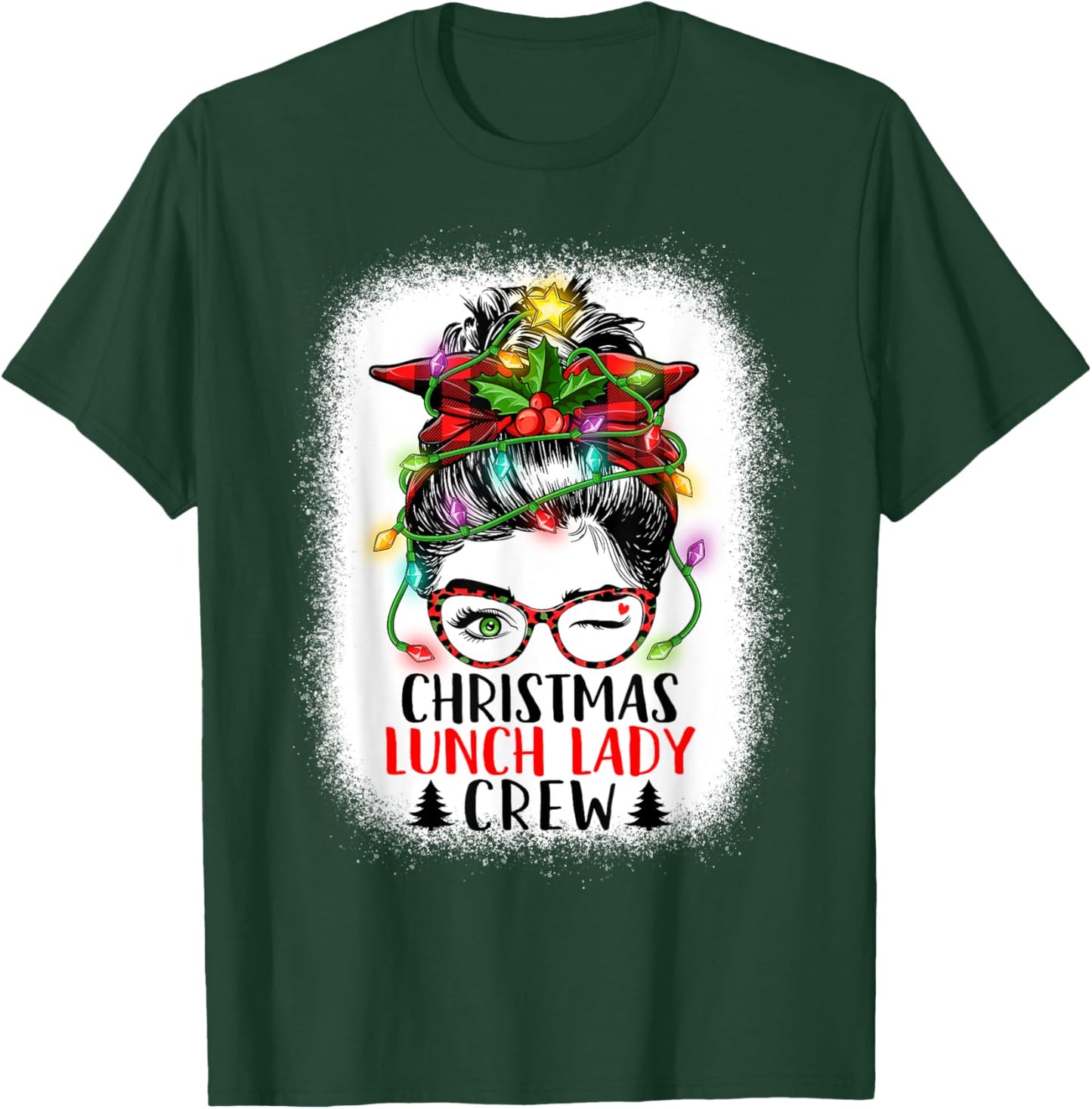 Christmas Lunch Lady Crew Messy Bun Women Christmas Lights T-Shirt - T-Shirt | Forest
