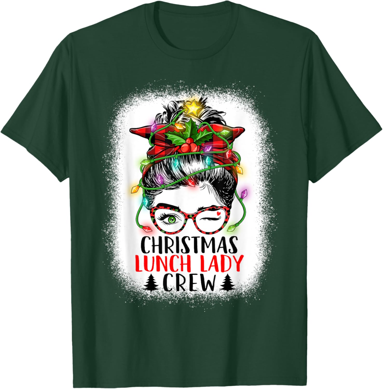 Christmas Lunch Lady Crew Messy Bun Women Christmas Lights T-Shirt - T-Shirt | Forest