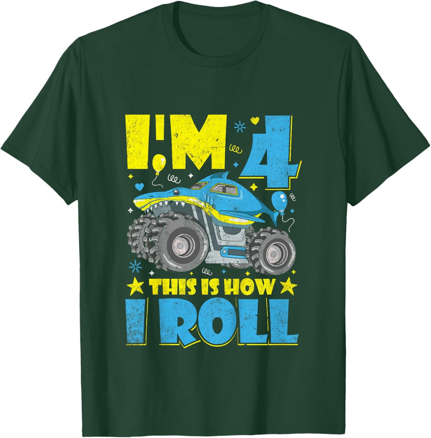 Monster Truck Shark 4th Birthday Boys and Girls Novelty T-Shirt - T-Shirt | Forest