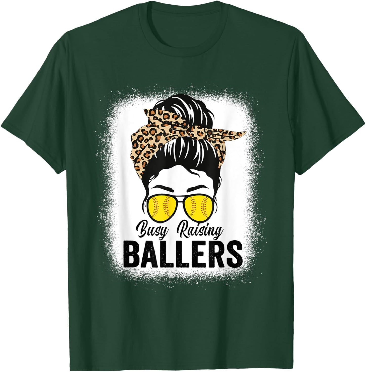 Busy Raising Ballers Softball Messy Bun Leopard Bleached T-Shirt - T-Shirt | Forest