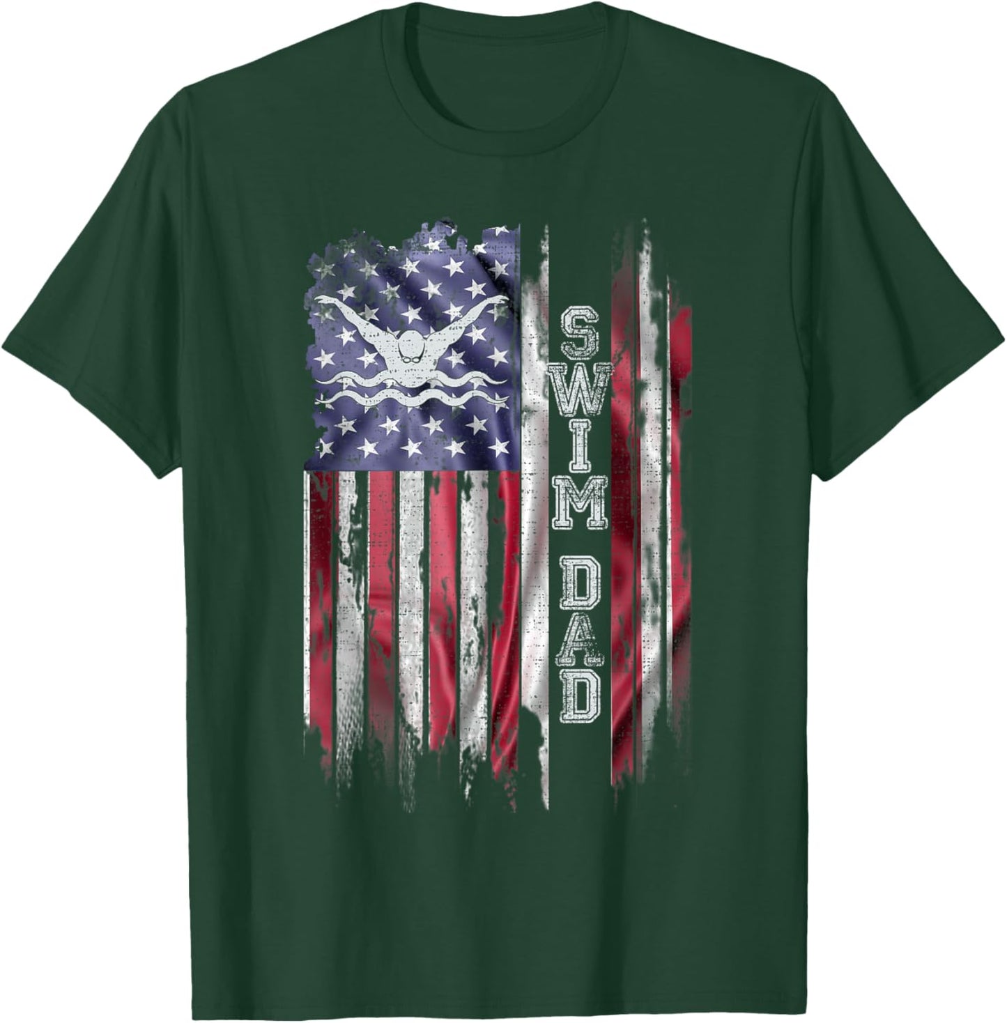 Vintage USA Flag Proud Swimming Dad Swim Swimmer Silhouette T-Shirt - T-Shirt | Forest