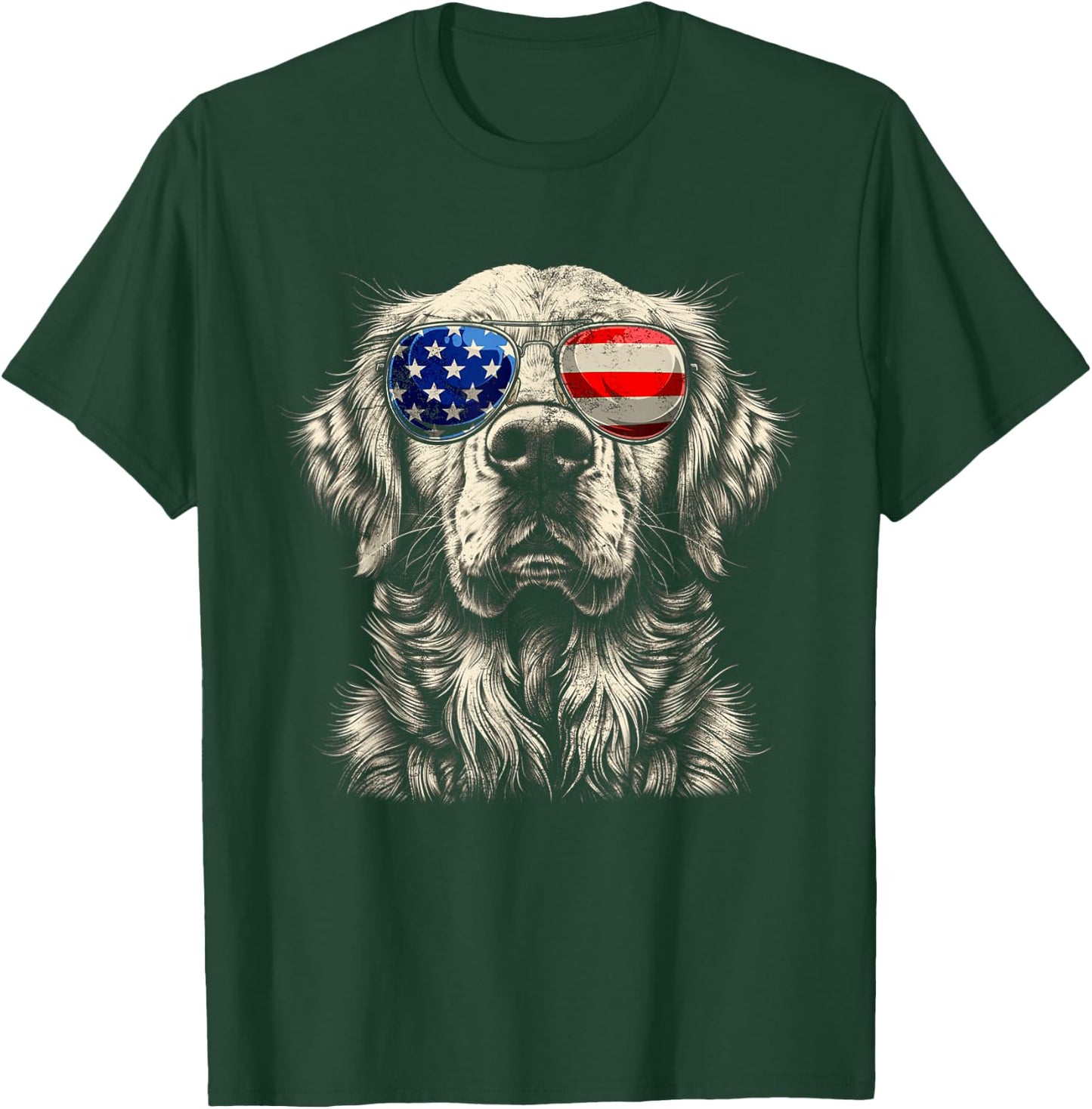 Vintage Art Golden Retrievers Dogs Wearing USA Flag Glasses T-Shirt - T-Shirt | Forest