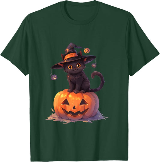 Cute Halloween Cat Witch Witch Cat On Pumpkin T-Shirt - T-Shirt | Forest