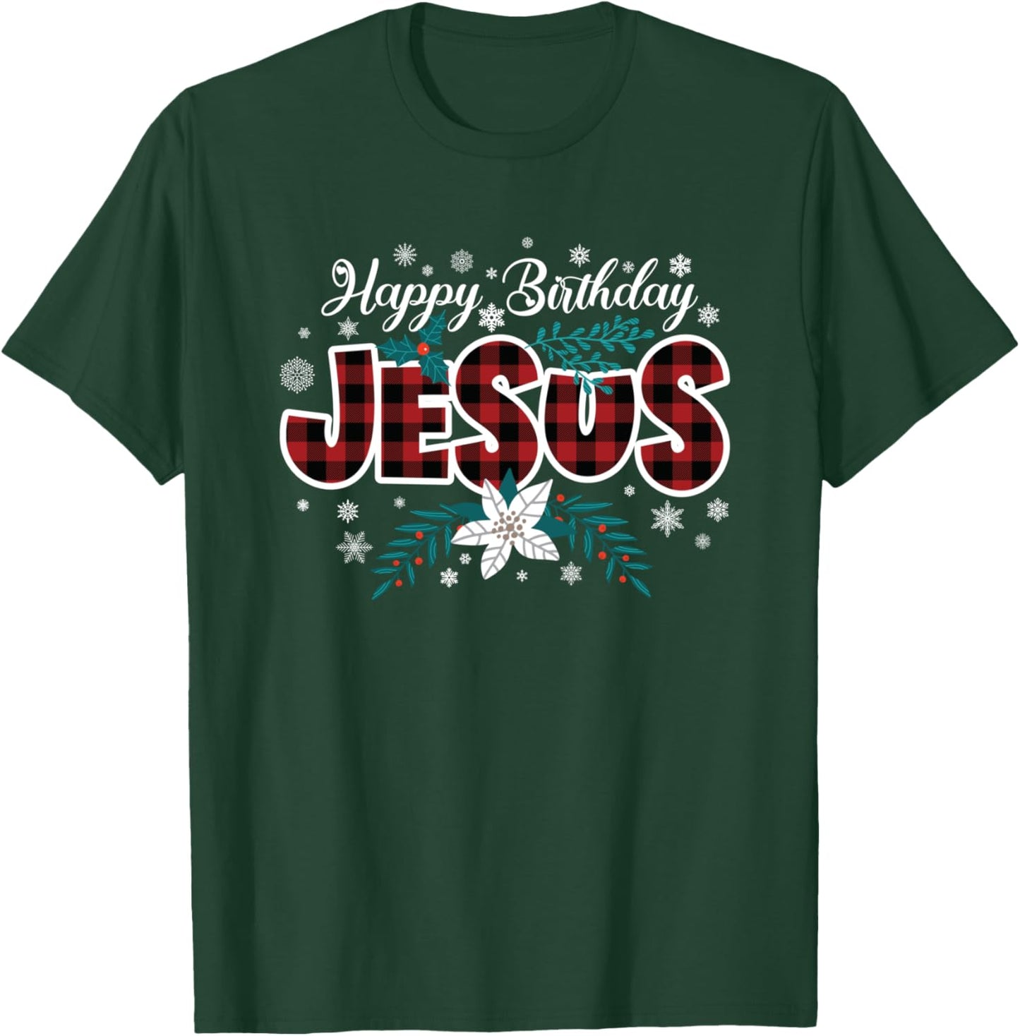 Christian Christmas Buffalo Plaid Happy Birthday Jesus T-Shirt - T-Shirt | Forest