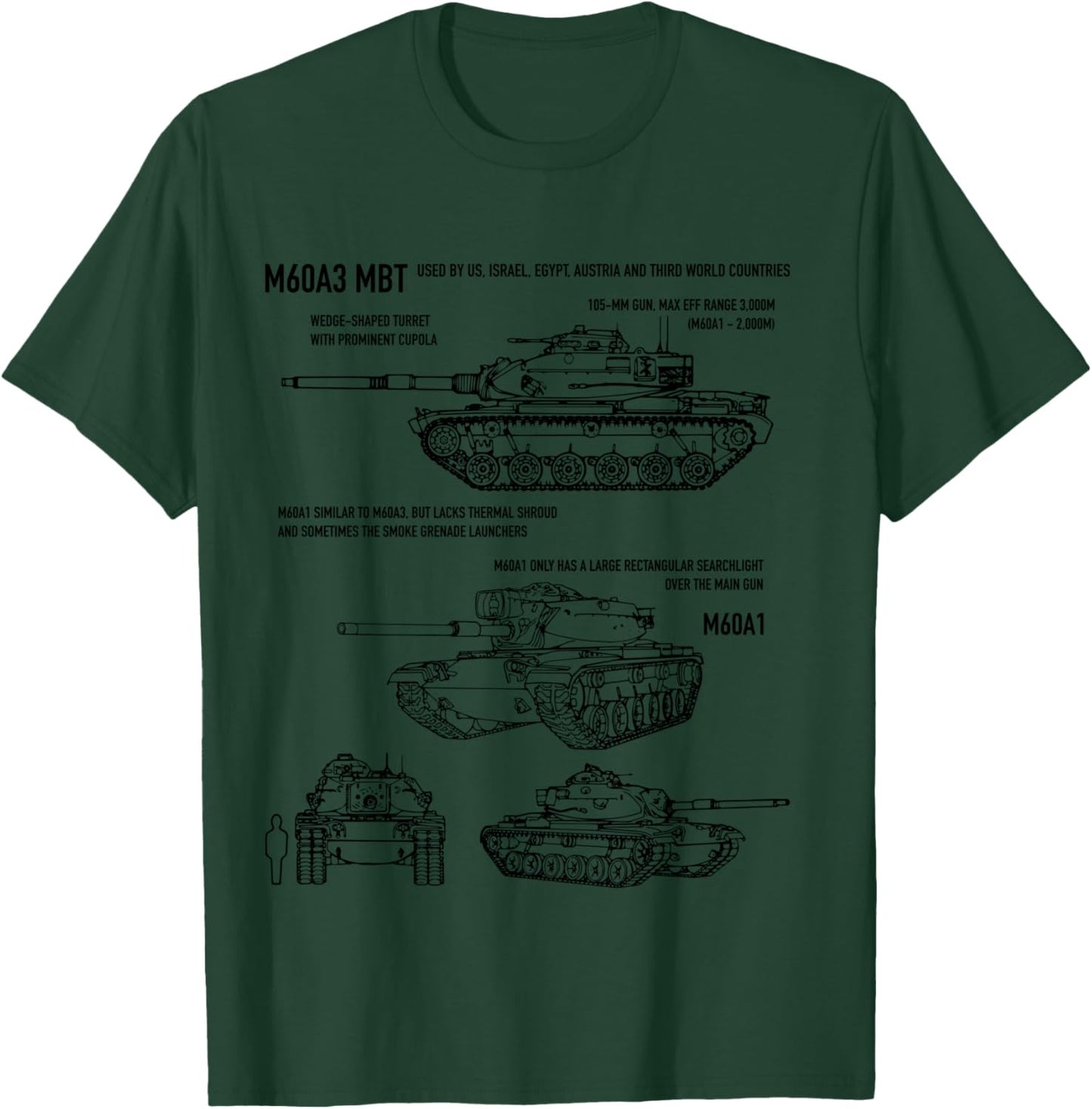 M60A3 Patton Military Tank Recognition Blueprints T-Shirt - T-Shirt | Forest