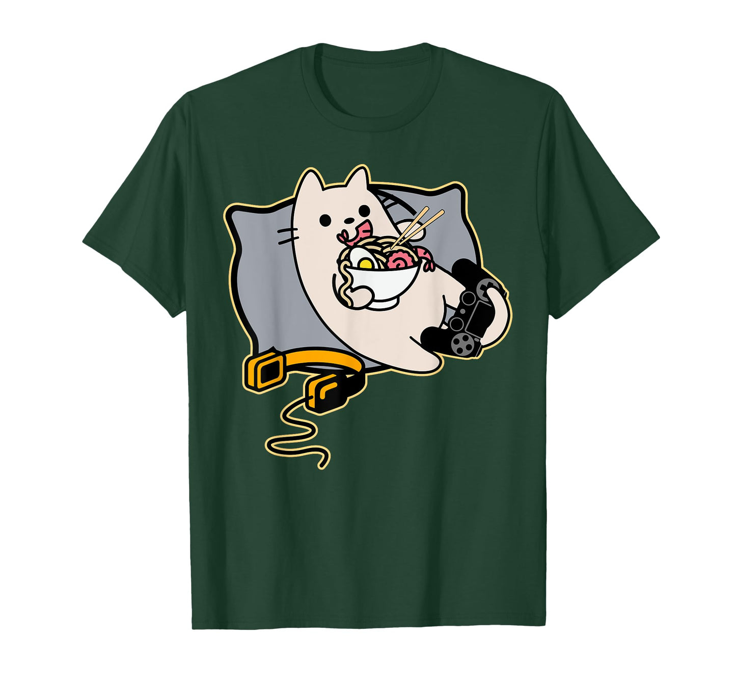 Nerdy Ramen Eating Gamer Cat Game Paused T-Shirt