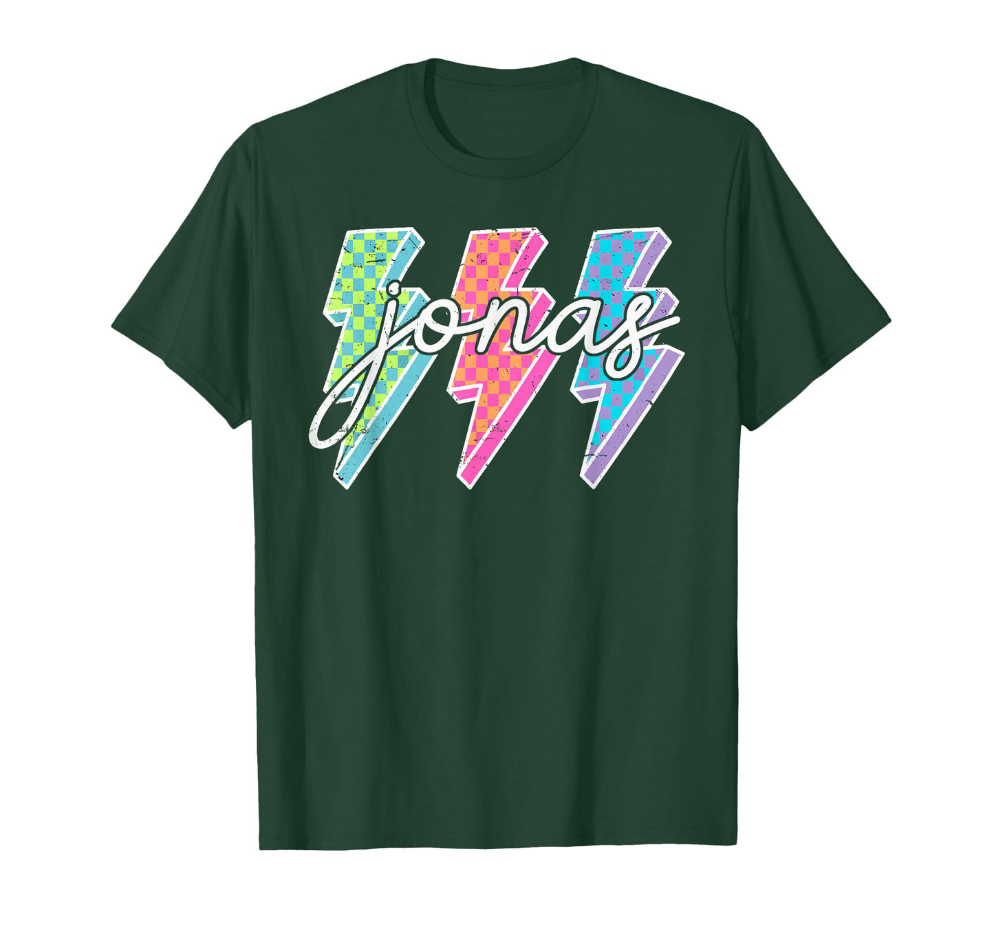 Personalized Name Jonas Lightning Bolt Checkered T-Shirt