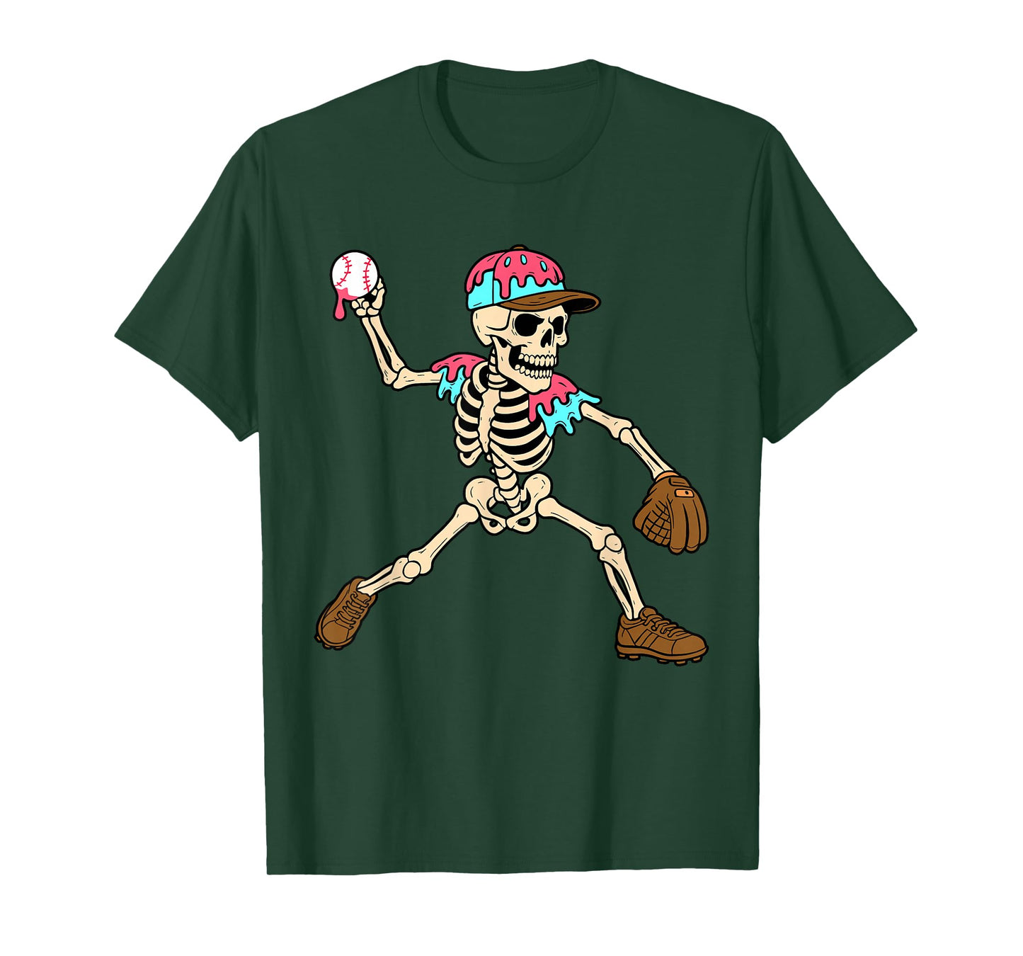 Skeleton Ice Cream Drip Baseball Sport Player Halloween T-Shirt