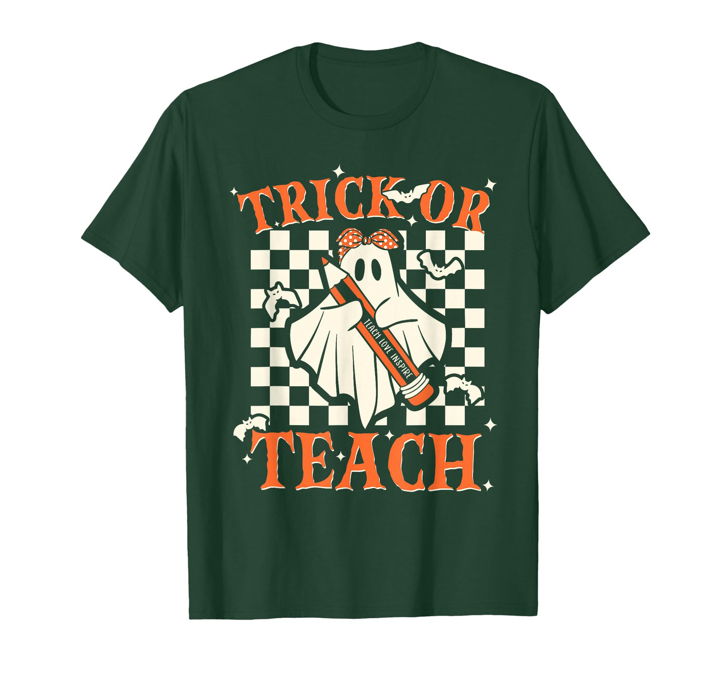 Trick Or Teach Groovy Teacher Halloween Retro Floral Ghost T-Shirt