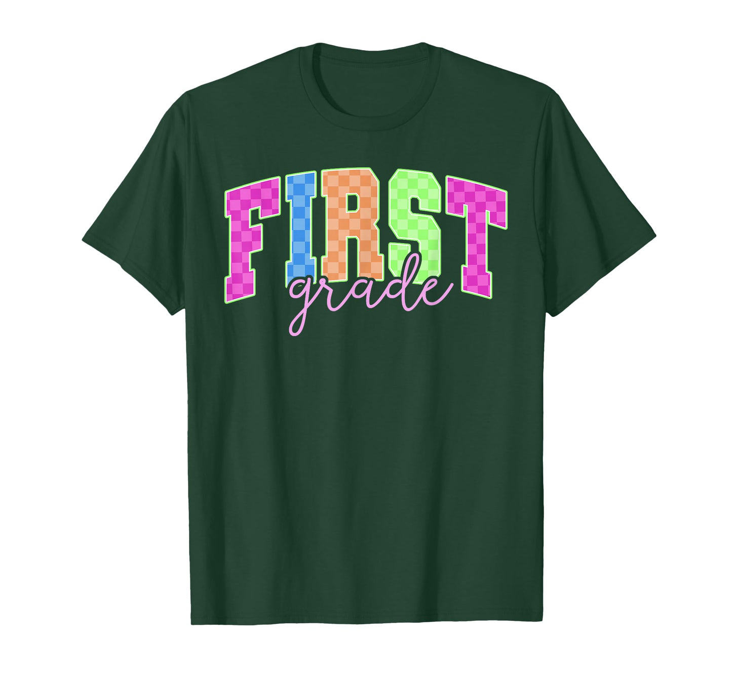 Back To School Neon Checkered First Grade, Colorful Teacher T-Shirt